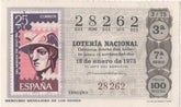 Loteria E00262: hoja nº 19. Loteria Naciona. Nº 28262, serie 7ª, fracción 3ª, precio 100 pesetas, sorteo 3/75 del 18 de Enero de 1975. Mercurio Mensjero de los Dioses